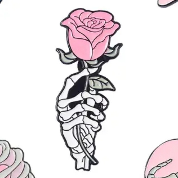 SKELETON Hand holding rose metal pin brooche badge - Picture 3 of 5